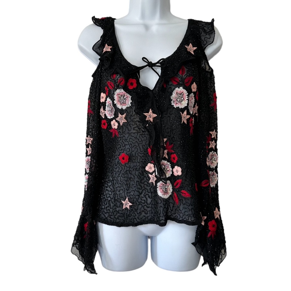 Vintage No Label Black Silk Cold Shoulder Top w/Pink Beading & Sequins- Medium